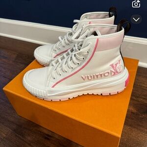 Louis Vuitton White and Pink High-Top Sneakers